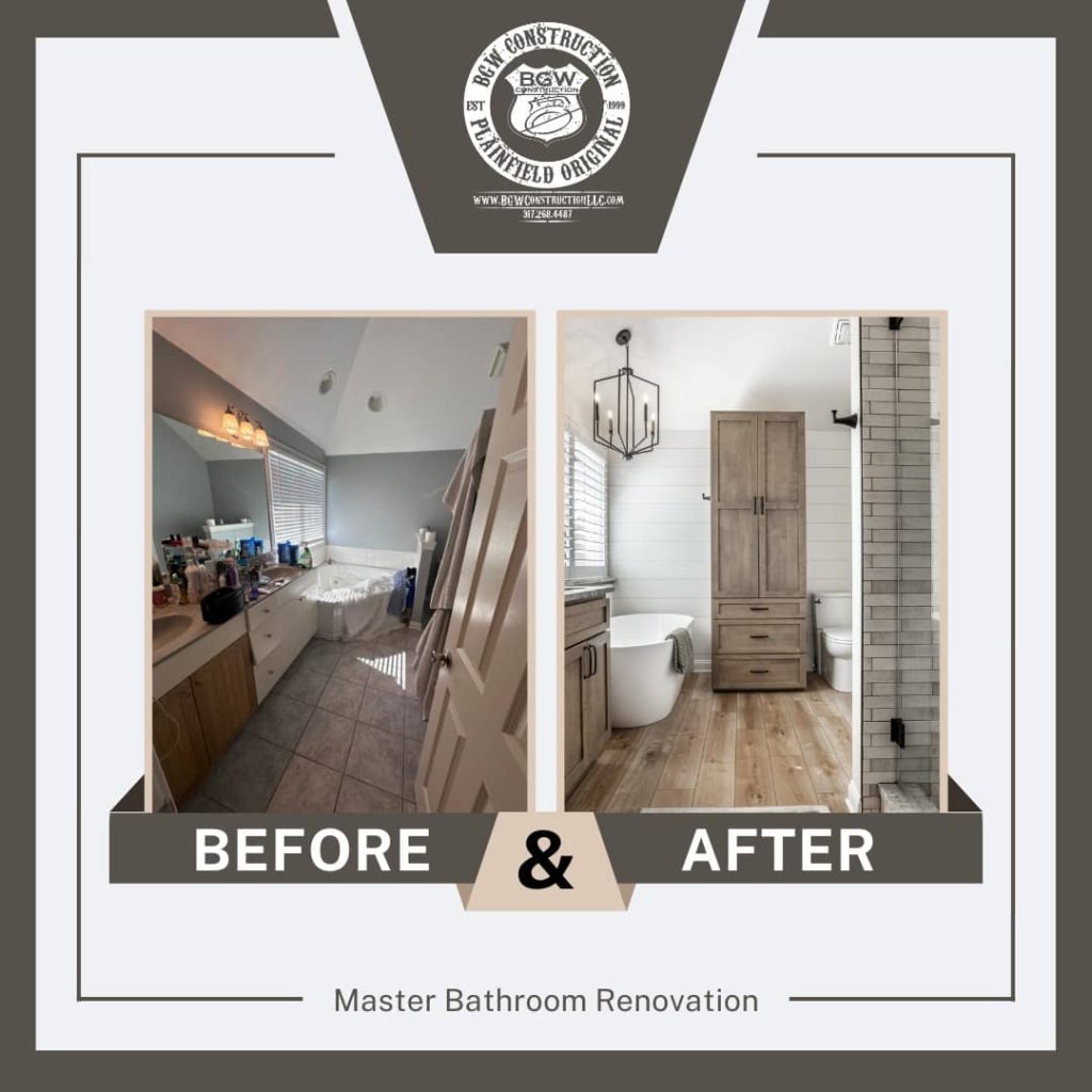 Side-by-side comparison of a master bathroom before and after renovation, transitioning from a cluttered tile-floor space to a modern, spa-like design with wood floors, freestanding tub, and custom cabinetry.