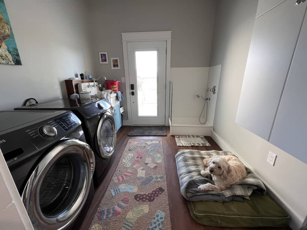 Laundry room with front-load washer and dryer, utility sink, dog shower area, and a dog resting on a plaid bed with a colorful sock-pattern rug.