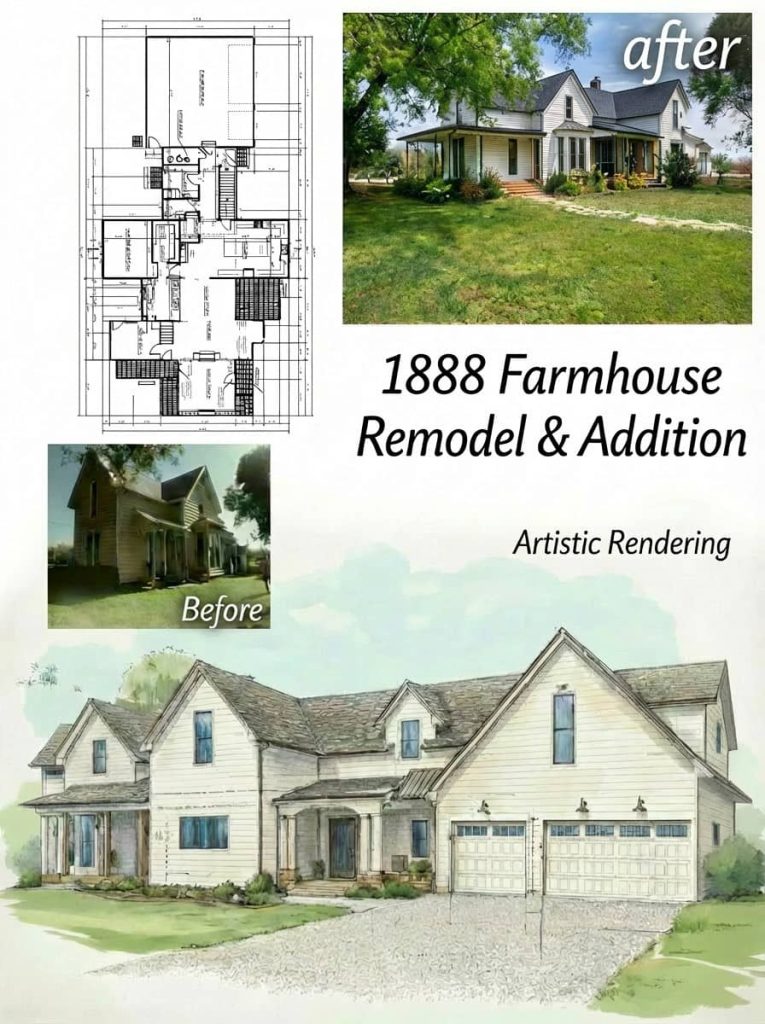 Visual overview of an 1888 farmhouse remodel and addition, including original photo, architectural floorplan, artistic rendering, and modernized completed renovation.