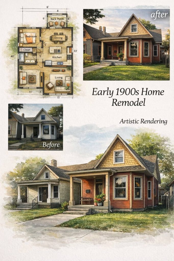 Visual progression of an early 1900s home remodel, featuring updated floorplan, artistic rendering, before photo, and modernized finished exterior with gabled roof and red siding.