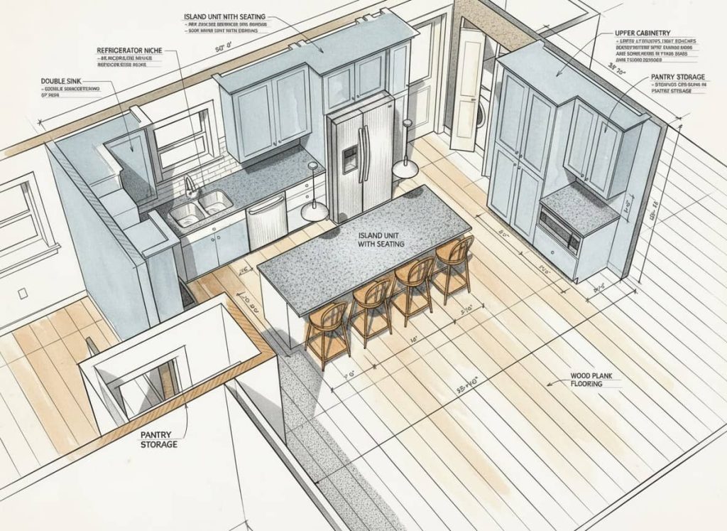 3D kitchen design illustration featuring a large island with seating, upper cabinetry, double sink, refrigerator niche, and pantry storage.