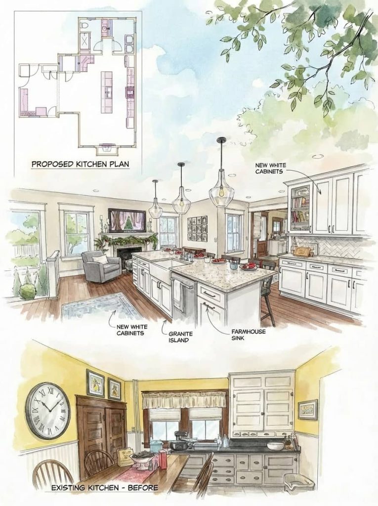 Illustrated kitchen remodel with proposed floor plan, updated design featuring white cabinets and granite island, and a “before” image of the original outdated kitchen.