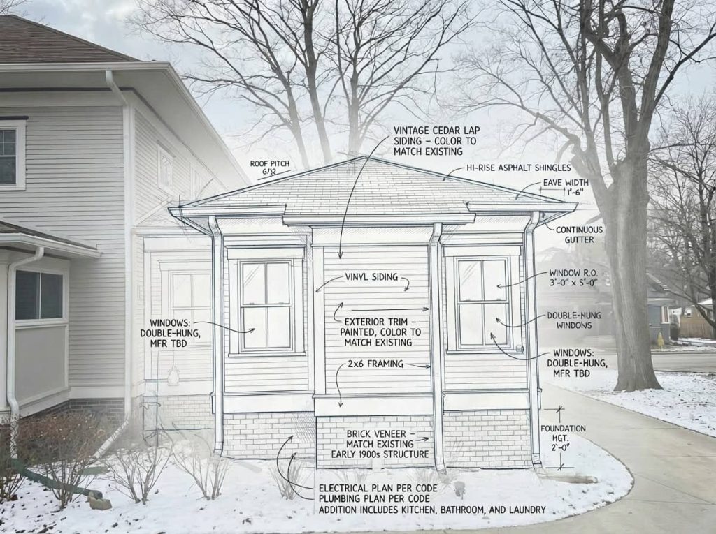 Architectural drawing of a residential home addition overlaid on a photo, featuring material callouts and notes for windows, siding, roofing, and foundation.