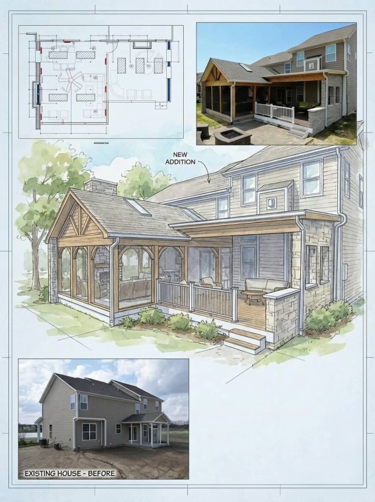 Composite image of a residential home addition featuring architectural floorplan, watercolor rendering of the new porch and screened room, finished photo, and original house before construction.