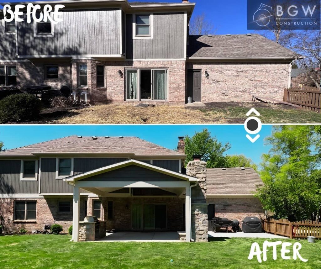 Before and after comparison of a backyard renovation showing a plain exterior transformed with a covered patio, stone columns, and outdoor living space.