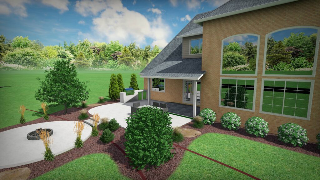 Modern backyard patio with curved concrete seating area, fire pit, outdoor kitchen grill, and landscaped garden beside a brick house.