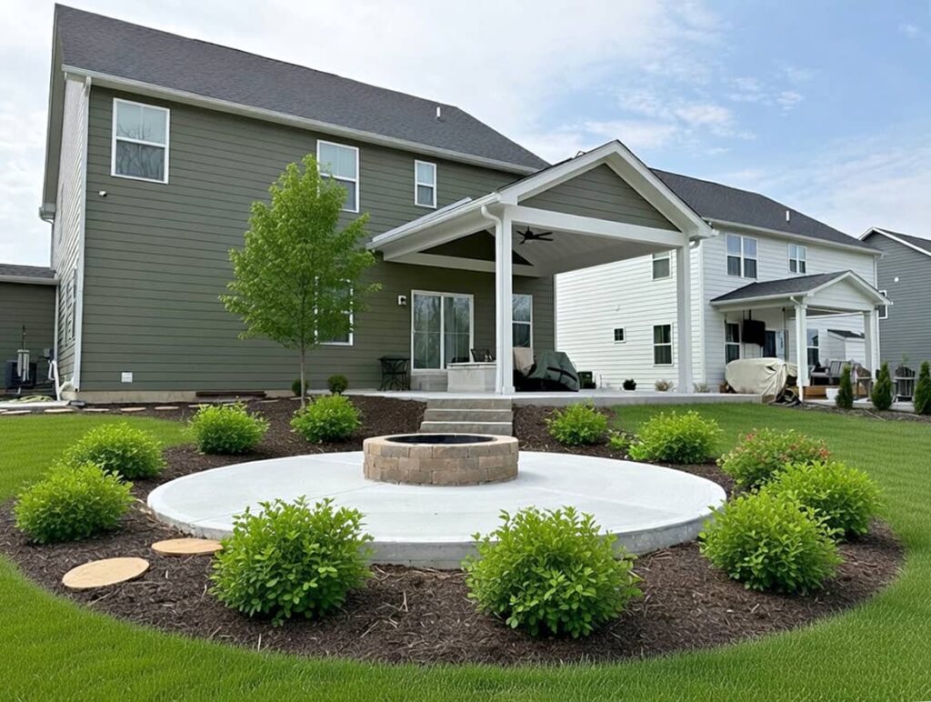 Landscaped backyard with circular concrete patio and fire pit, surrounded by shrubs and a covered patio attached to a two-story home.