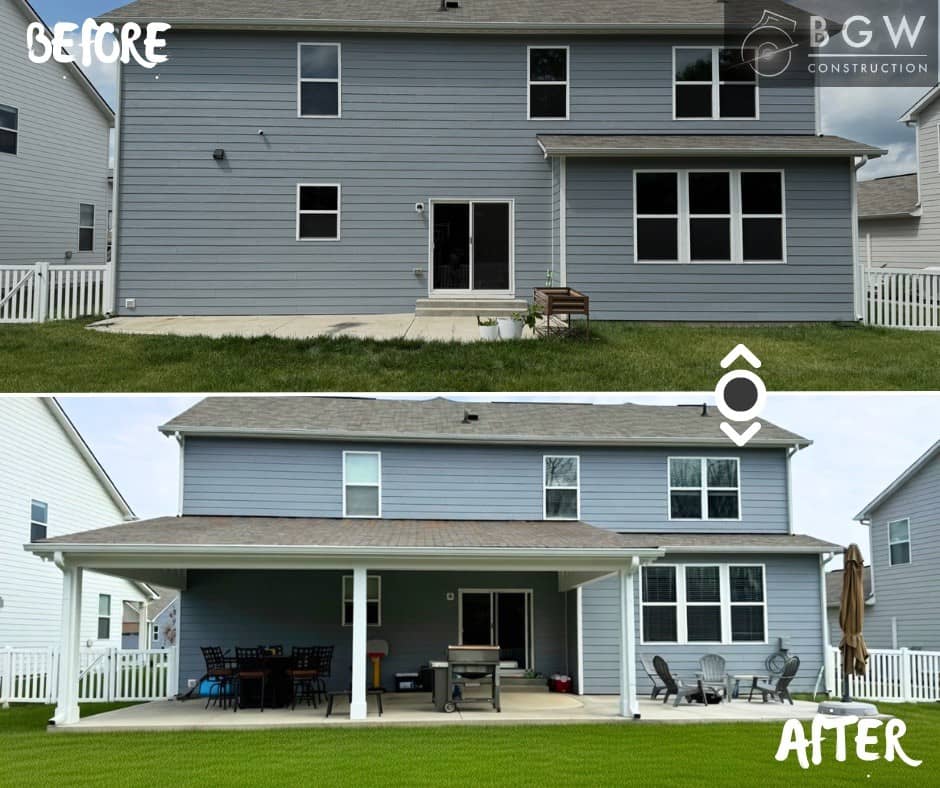 Before and after comparison of a backyard showing a plain concrete slab transformed into a large covered patio with outdoor seating and dining area.