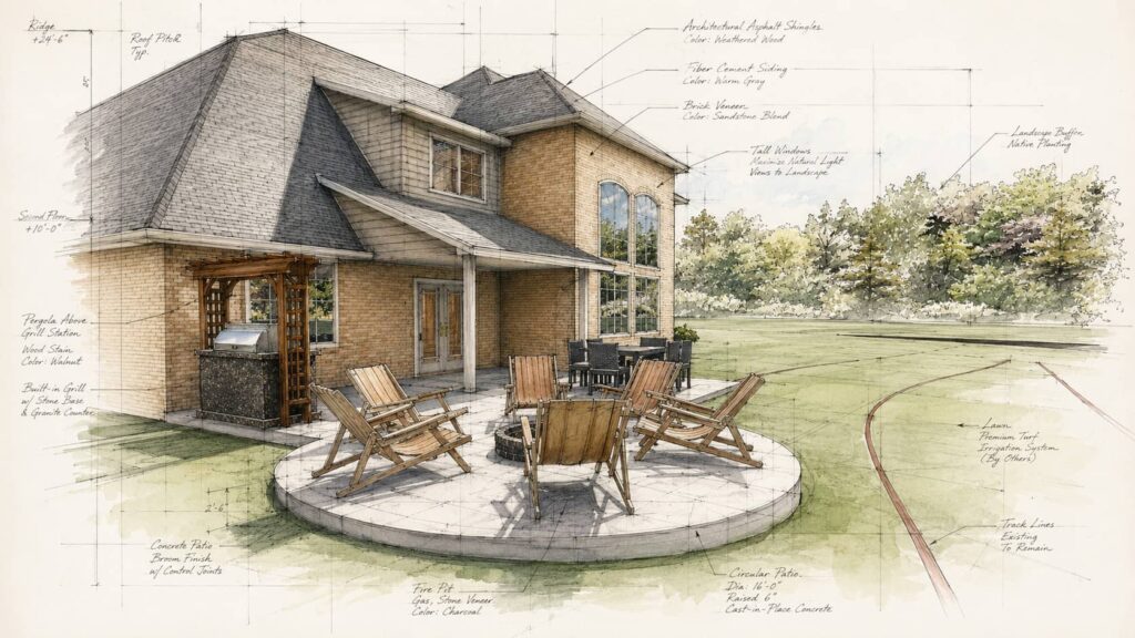 Architectural rendering of a custom backyard patio featuring a circular fire pit, outdoor kitchen with pergola, dining area, and landscaped lawn.