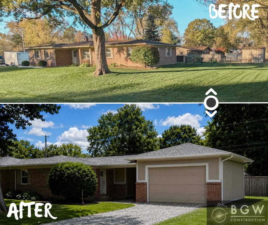 Before-and-after comparison of a single-story brick home showing the addition of an attached two-car garage with updated roofline, siding, gutters, and gravel driveway.