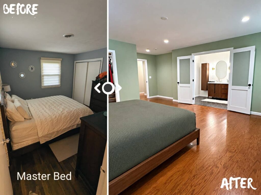Before-and-after comparison of a master bedroom remodel showing a small bedroom transformed into a spacious primary suite with hardwood flooring, recessed lighting, modern trim, and an adjoining bathroom.