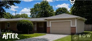 After comparison of a single-story brick home showing the addition of an attached two-car garage with updated roofline, siding, gutters, and gravel driveway.