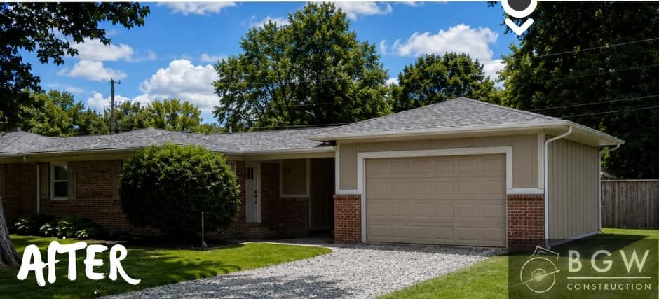 After comparison of a single-story brick home showing the addition of an attached two-car garage with updated roofline, siding, gutters, and gravel driveway.