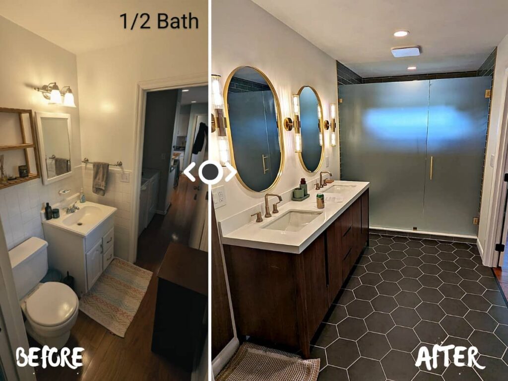 Side-by-side before and after comparison of a bathroom remodel showing a small builder-grade bathroom transformed into a modern bathroom with a double vanity, hexagon tile flooring, and a frosted glass walk-in shower.