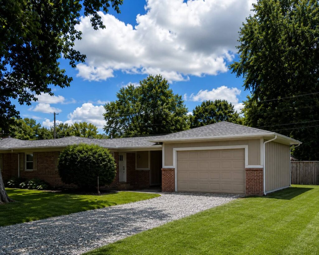 Exterior of a single-story brick home with an attached two-car garage, gravel driveway, green lawn, and mature trees.