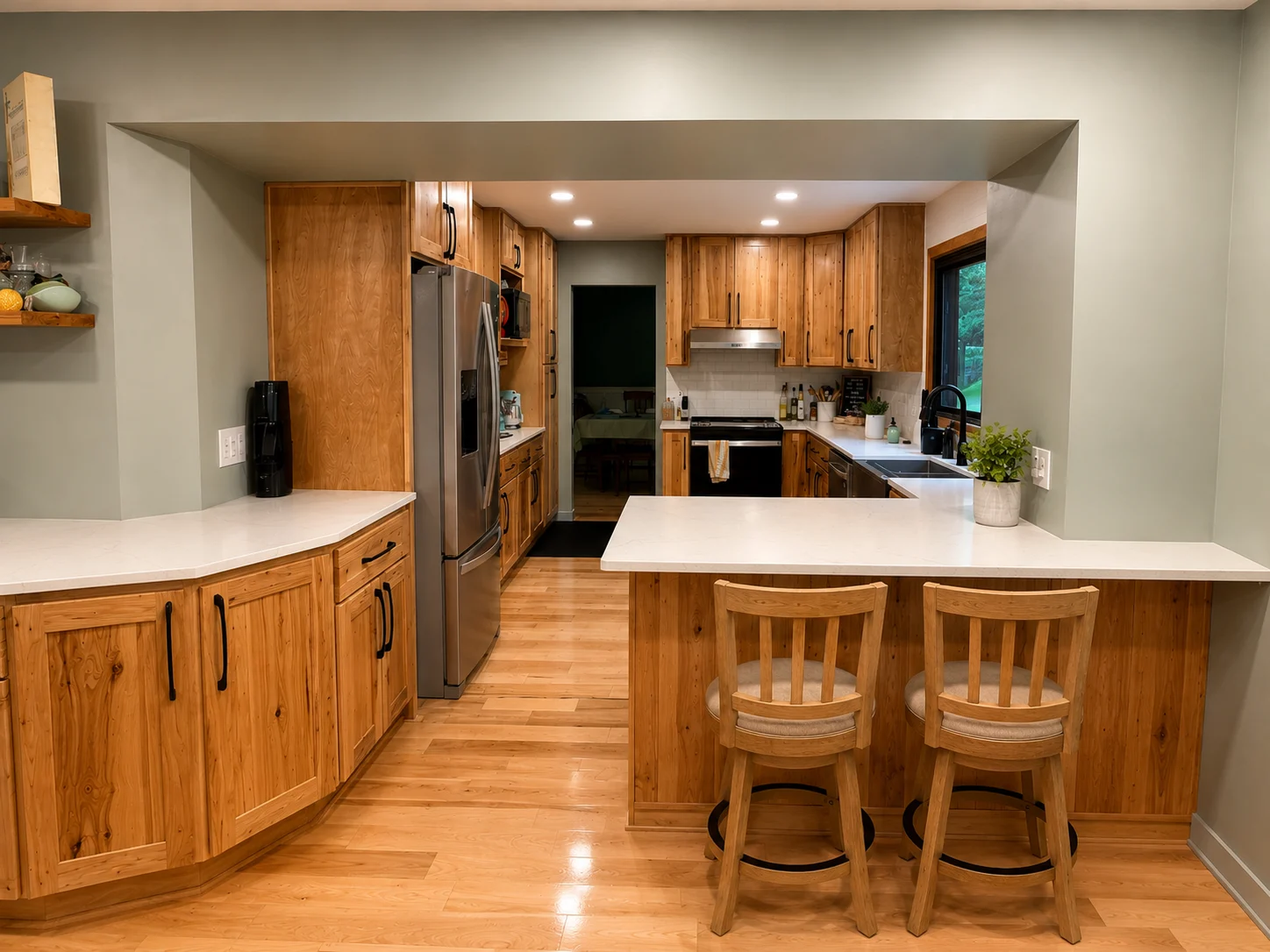 Wood kitchen cabinets and light counters surround a peninsula with two stools and an open doorway.