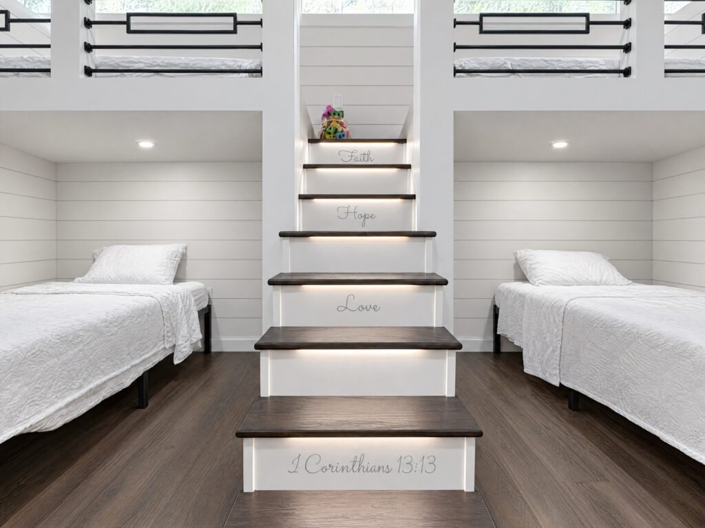 Close-up of the DCS safe space bunk bed staircase built by BGW Construction, with lit steps lettered Faith, Hope and Love leading to the top bunk