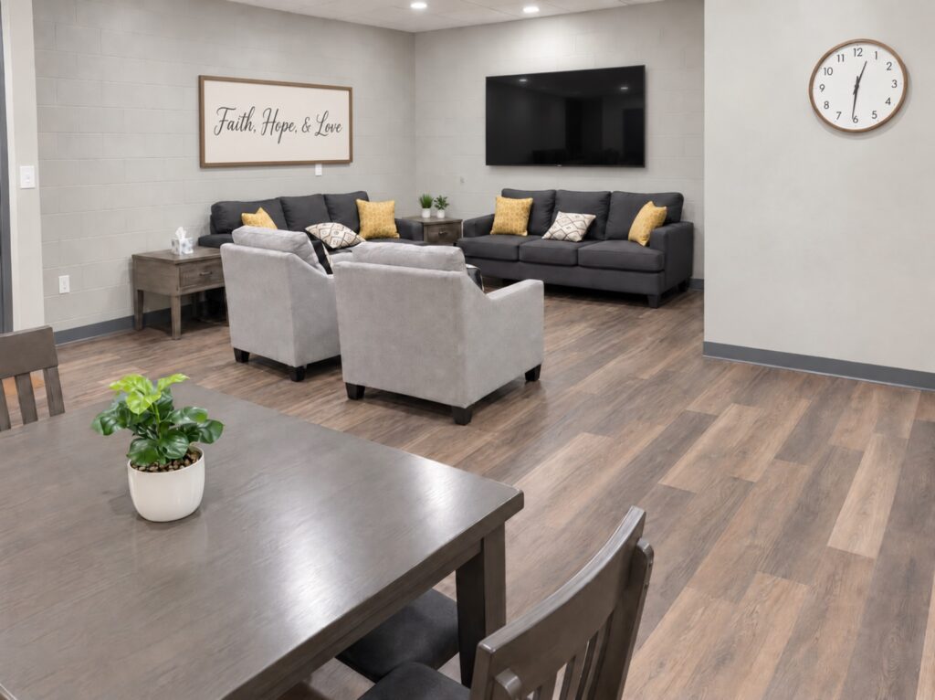 Living area of the DCS safe space at Kingsway Christian Church in Avon, Indiana, with sofas, armchairs, a dining table and a “Faith, Hope, & Love” sign, finished by BGW Construction