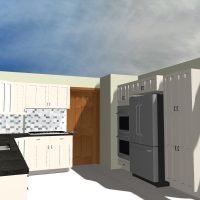 3D rendering of a kitchen featuring built-in stainless steel refrigerator, double oven, white cabinets, mosaic backsplash, and black countertop with cooktop.