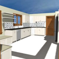3D rendering of a renovated kitchen with white shaker cabinets, black countertops, mosaic tile backsplash, and stainless steel dishwasher.