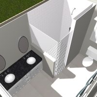 3D rendering of a master bathroom showing a dual-sink vanity, walk-in shower with glass partition, toilet, and towel rack.