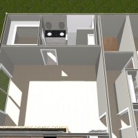 3D rendered view of a master bathroom with double vanity, enclosed shower, and connecting bedroom and hallway.