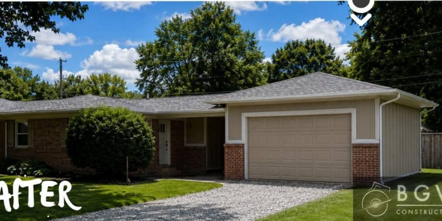 After comparison of a single-story brick home showing the addition of an attached two-car garage with updated roofline, siding, gutters, and gravel driveway.