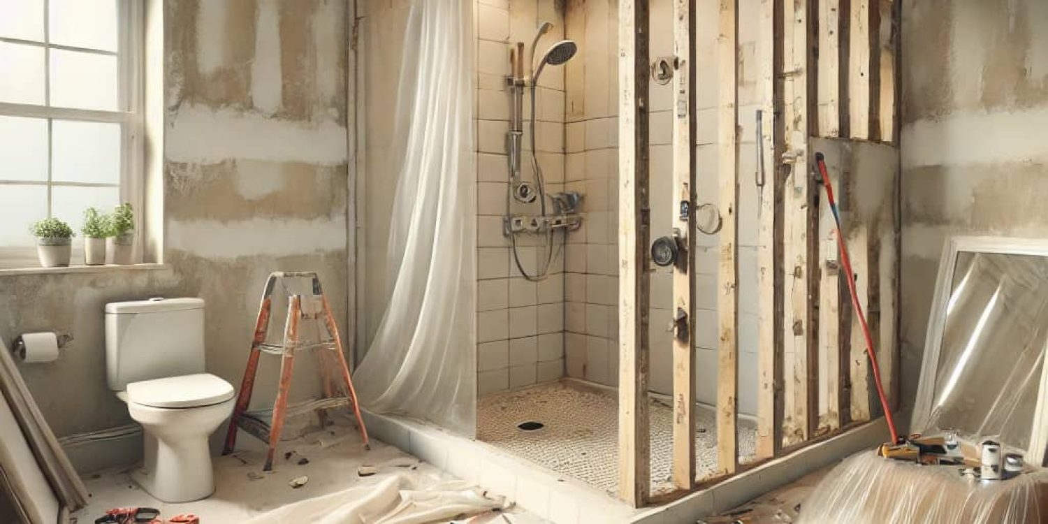 A partially renovated modern bathroom showing exposed wooden studs, a shower with tiles, scattered tools, paint cans, a ladder, and construction materials on the floor during a remodeling project.