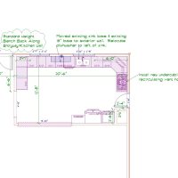 Architectural kitchen layout with cabinet placements, sink relocation, undercabinet vent hood installation, and detailed measurements.