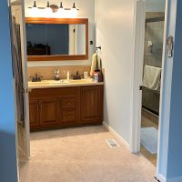 Lake house bathroom before renovation with double-sink wood vanity, large mirror, and view into glass shower entryway.