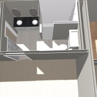 Top-down 3D rendering of a master bathroom showing vanity, shower, toilet, entry door, and surrounding areas.