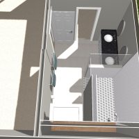 3D rendering of a master bathroom interior showing a double-sink vanity with black countertop and a walk-in tiled shower.