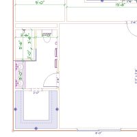 Architectural floor plan of a master bathroom featuring dual sinks, toilet, shower, and built-in tub with detailed dimensions.
