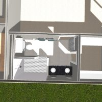 3D overhead rendering of master bathroom with dual sinks, walk-in shower, toilet, and connection to bedroom and closet areas.