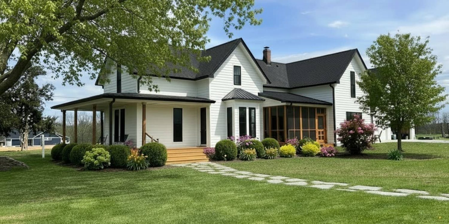 White modern farmhouse with black roof, wraparound porch, and vibrant landscaping on a sunny day.