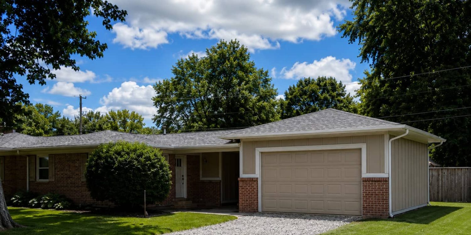 Exterior of a single-story brick home with an attached two-car garage, gravel driveway, green lawn, and mature trees.